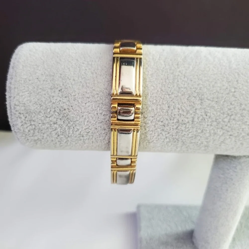 Gold Tone Two-Tone Link Bracelet Silver Inlay Magnetic Therapy Style 7.5